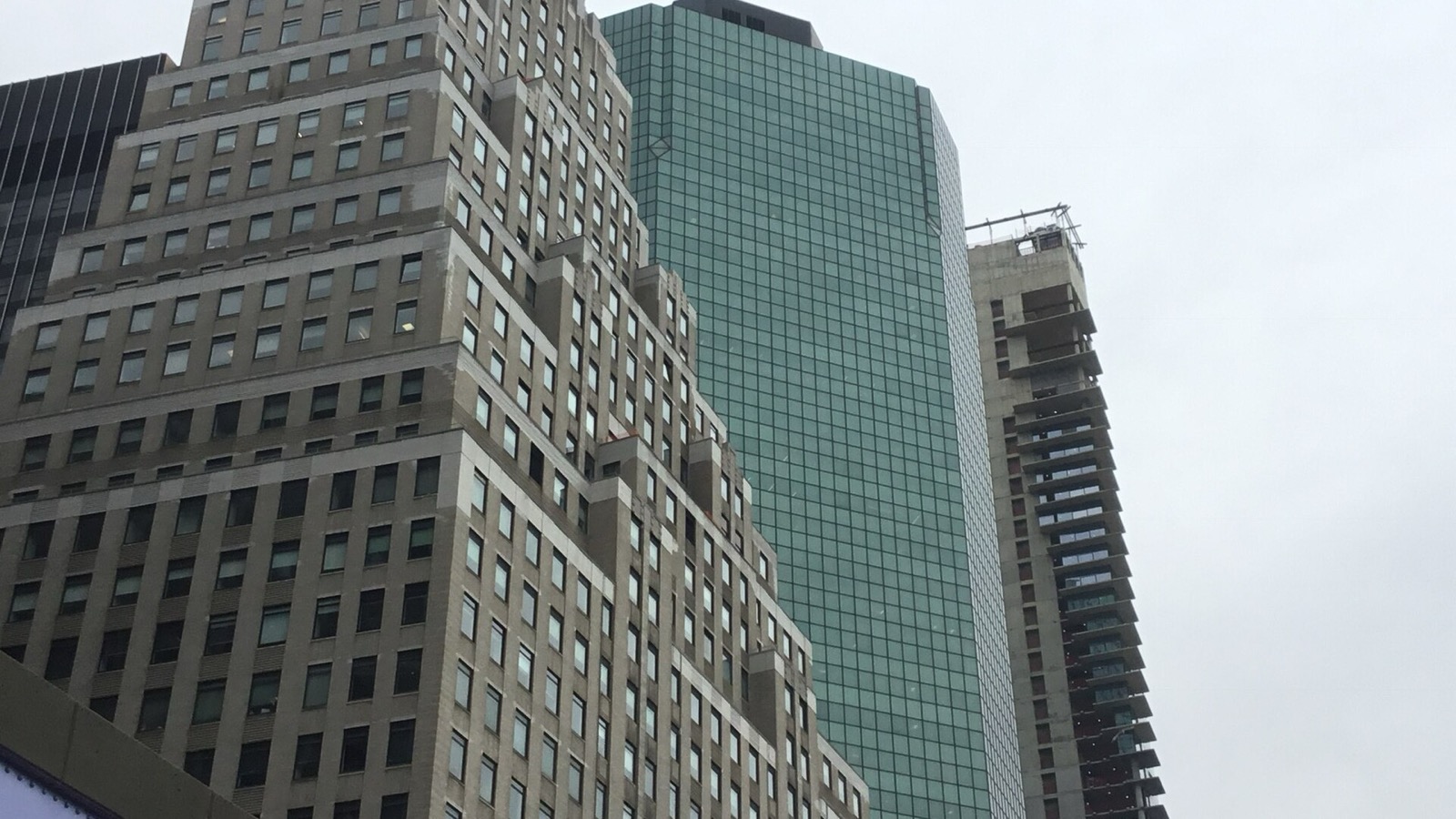 Office towers in Manhattan’s Financial District viewed from street level