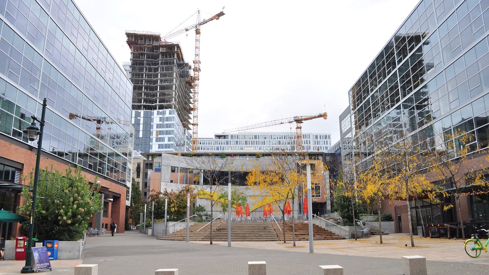 Amazon’s Seattle campus plaza framed by office buildings