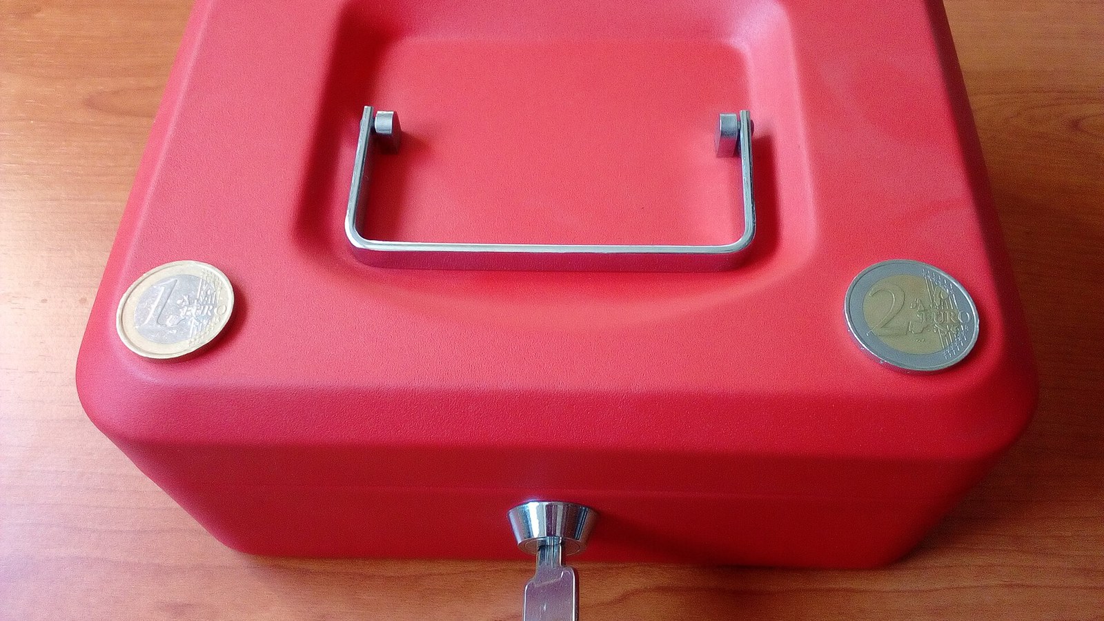 Red cash lockbox with euro coins and a key, illustrating funds reserved for option assignment