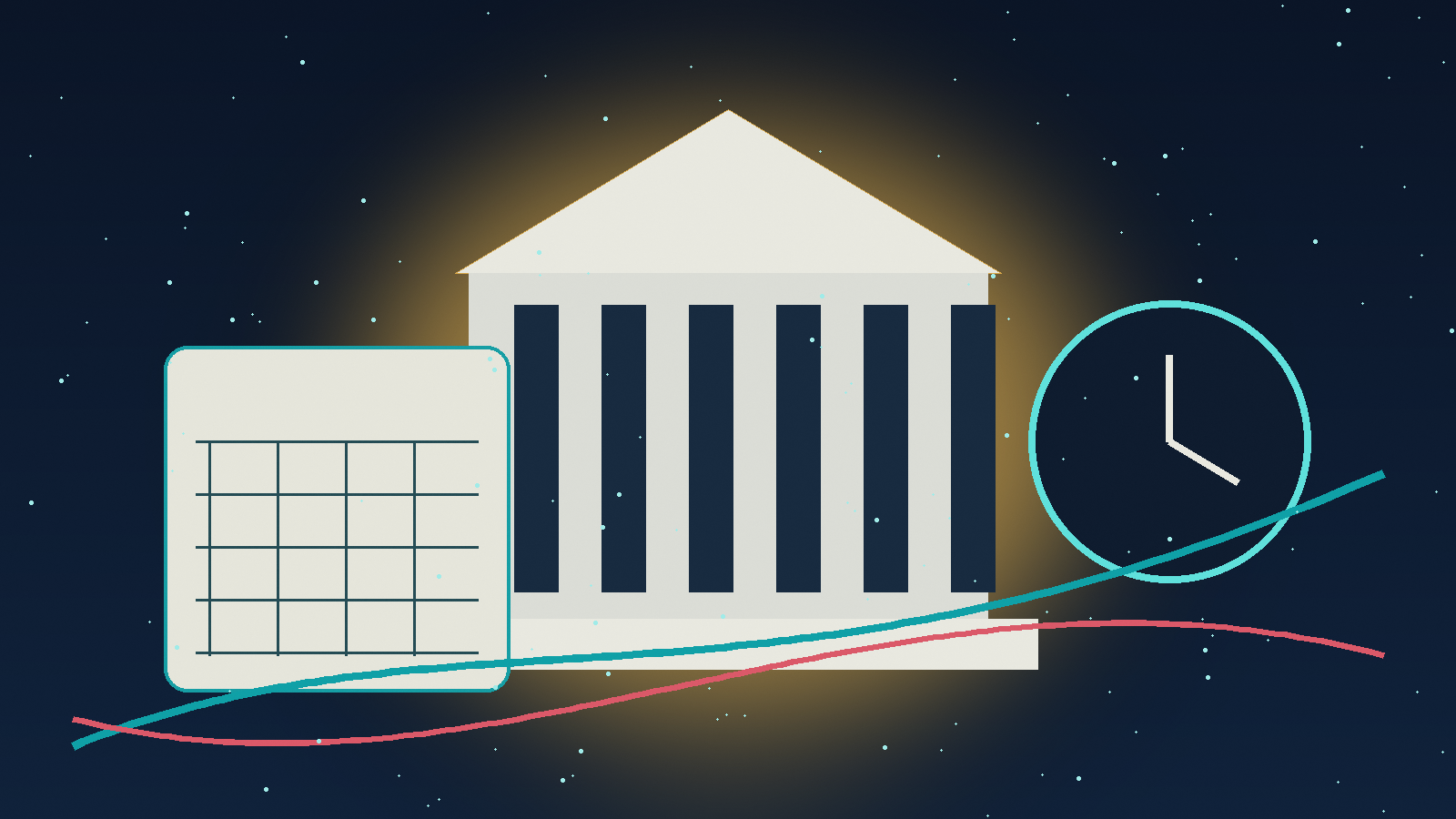 Editorial illustration of a policy calendar, a central-bank building and diverging rate paths.