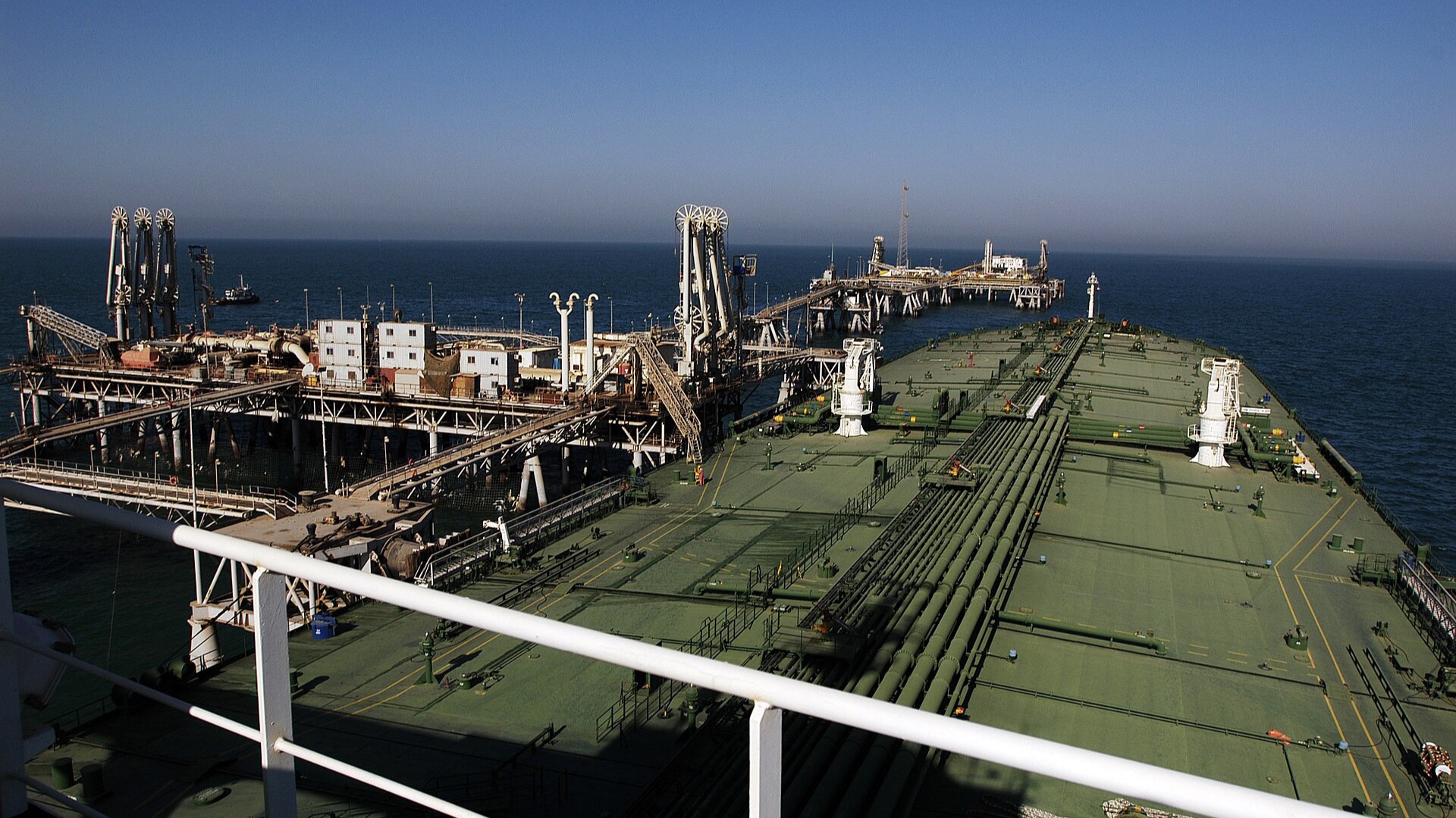 Oil tanker loading crude at the Al Basrah Oil Terminal in the Persian Gulf, photographed by the U.S. Navy.