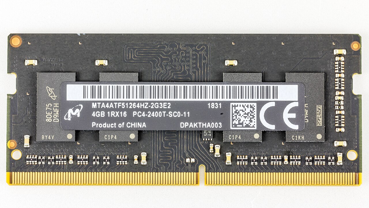 Close-up photograph of a Micron 4GB DDR4 laptop memory module