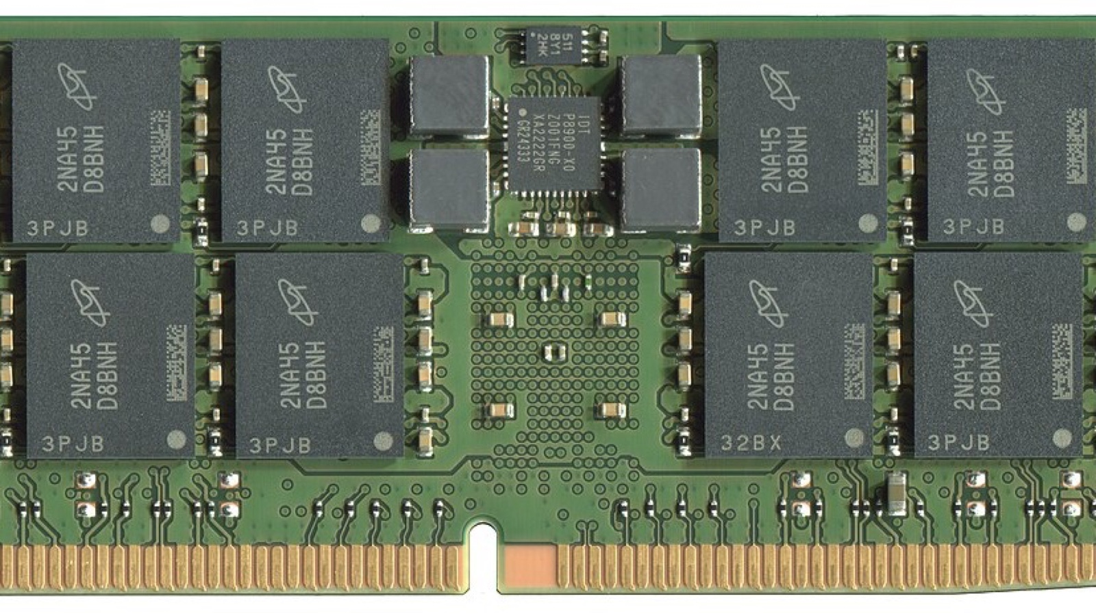 Close-up photograph of a Micron 64 GiB DDR5 ECC server-memory module and its memory chips.