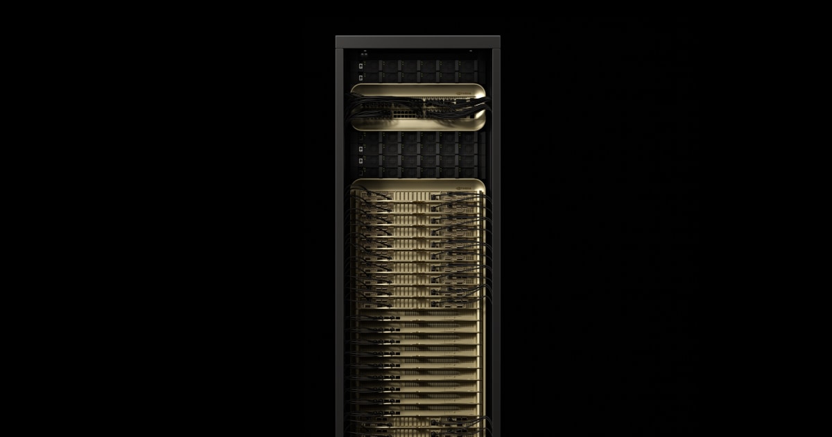 NVIDIA GB200 NVL72 data-center rack against a dark background.