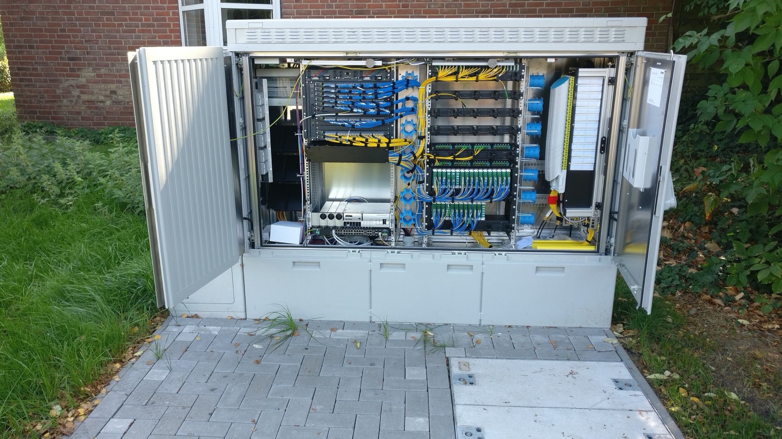 Open fibre-optic distribution cabinet with blue and yellow network cables and patch panels.