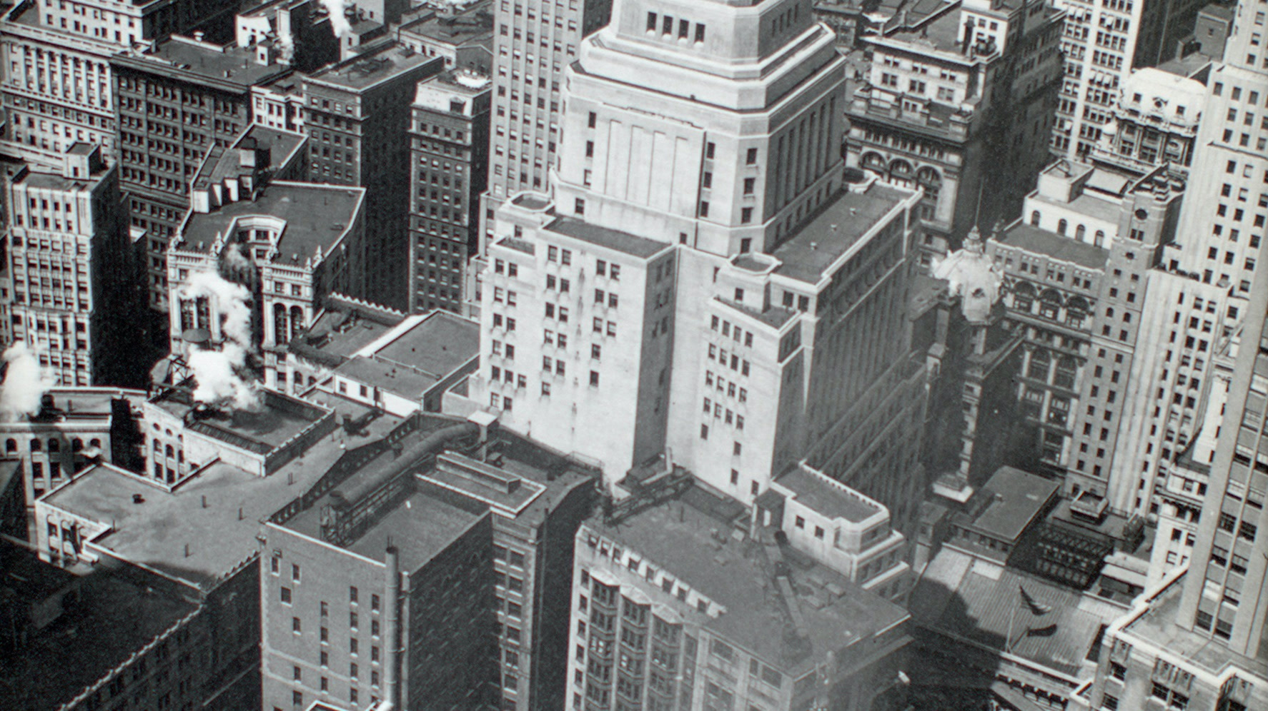 Historic Financial District rooftops viewed from 60 Wall Tower in Manhattan