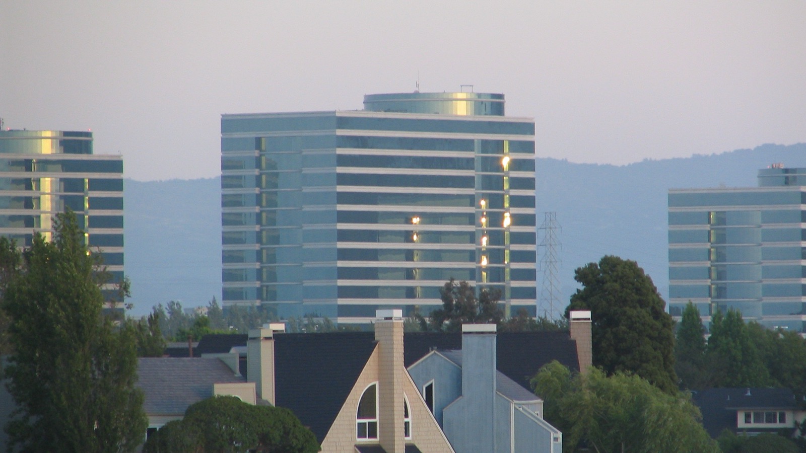 Oracle headquarters office towers beyond Foster City waterfront homes