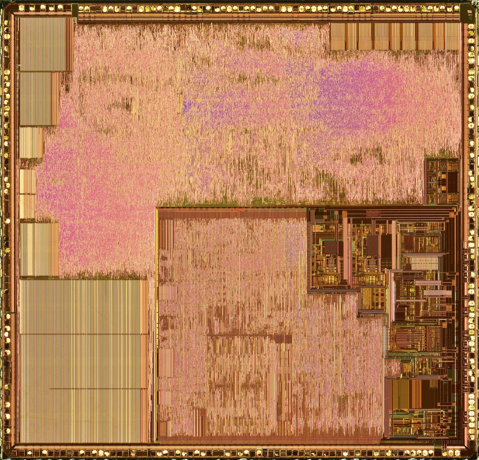 Close-up of a Marvell hard-drive controller chip die with its etched circuitry exposed