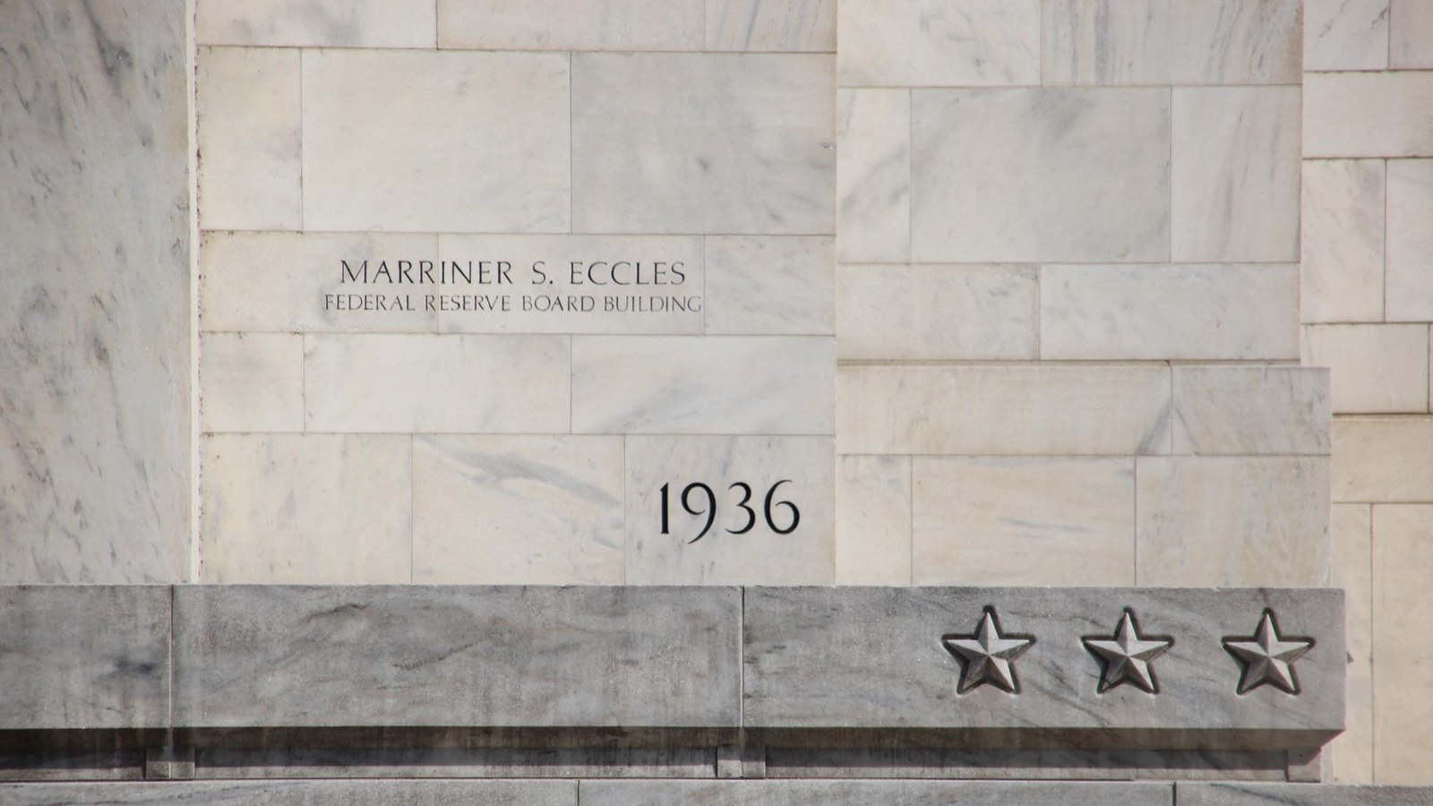 Cornerstone and steps of the Federal Reserve Eccles Building in Washington; archival exterior photograph, September 2012
