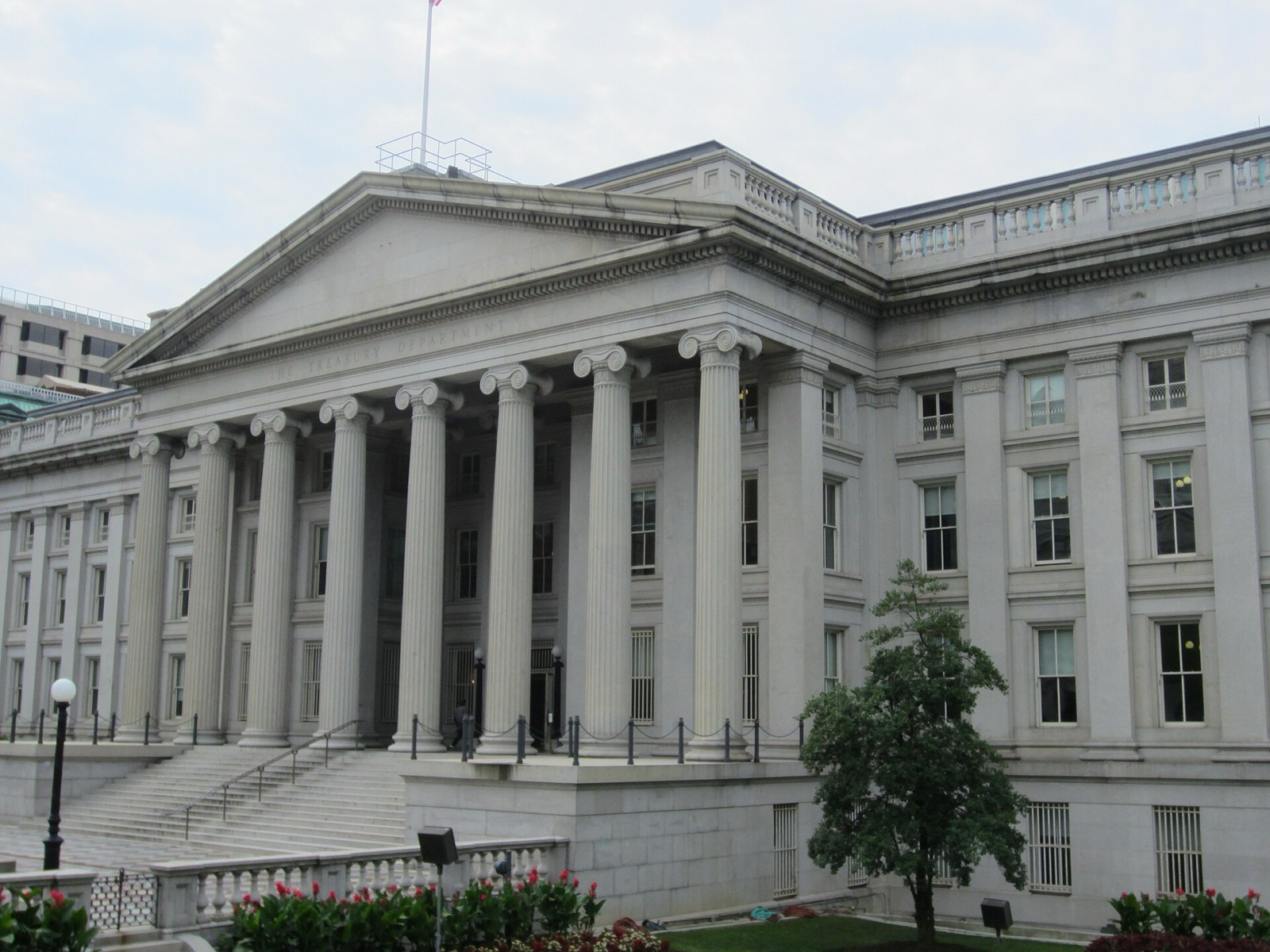 The U.S. Treasury Building in Washington, D.C., with its columned portico