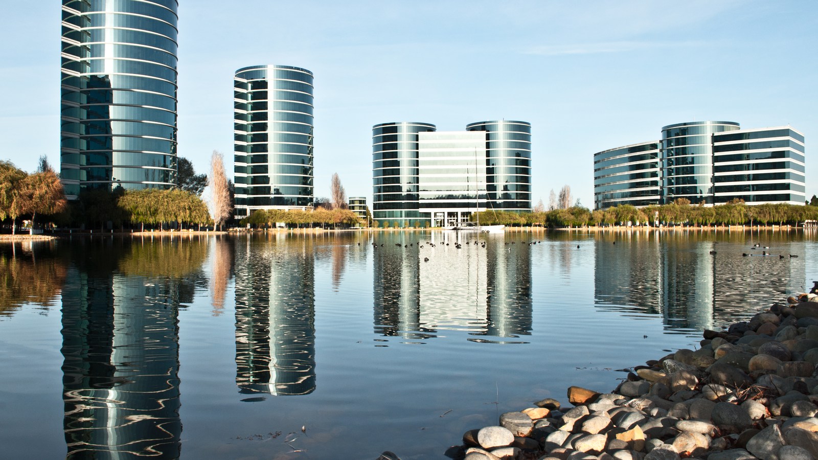 Archival photograph of Oracle’s glass office buildings reflected in water in Redwood City, California.