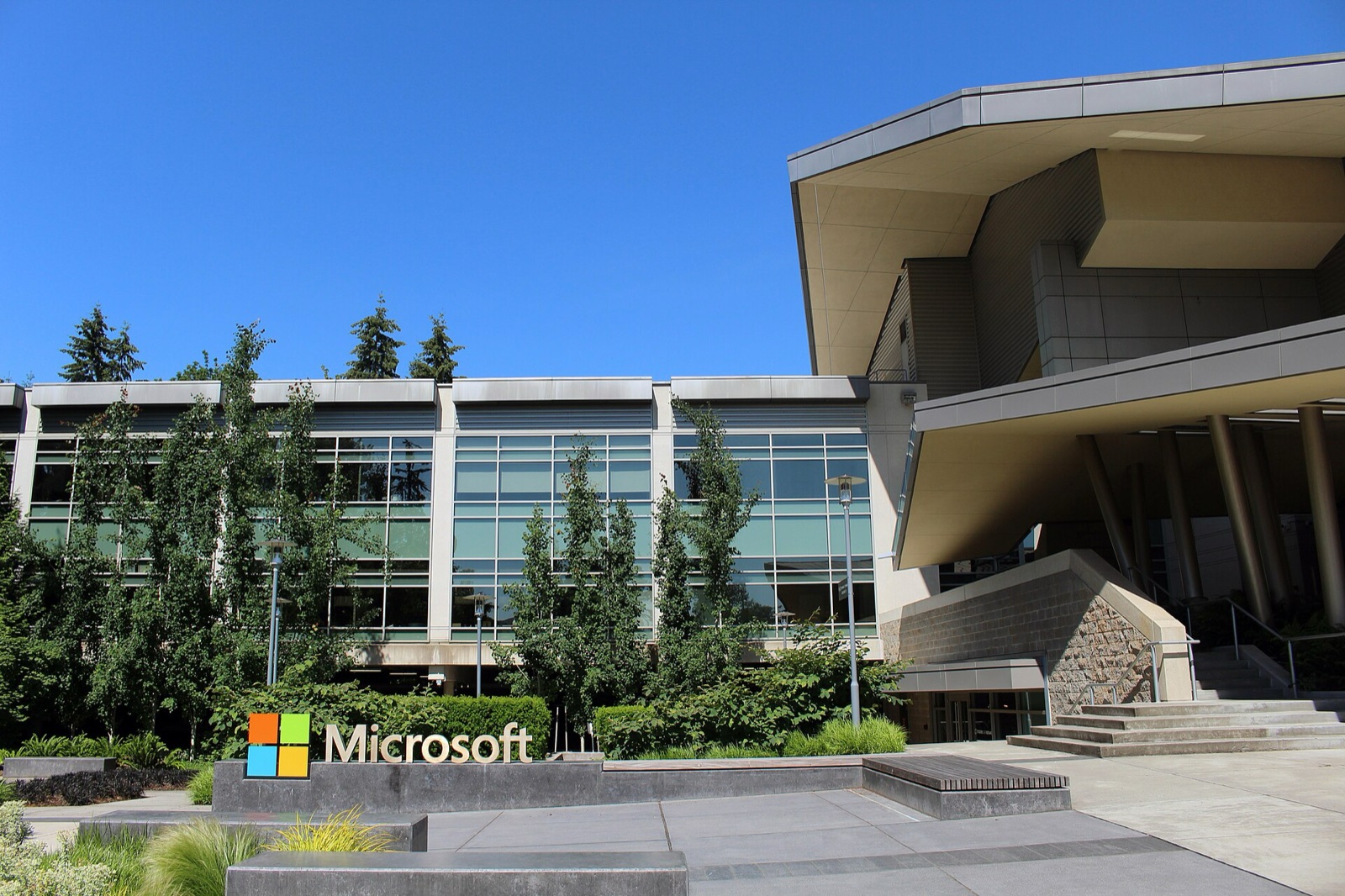 Le bâtiment 92 du siège de Microsoft à Redmond, dans l’État de Washington, avec l’enseigne Microsoft à l’avant et de jeunes arbres le long de la façade vitrée