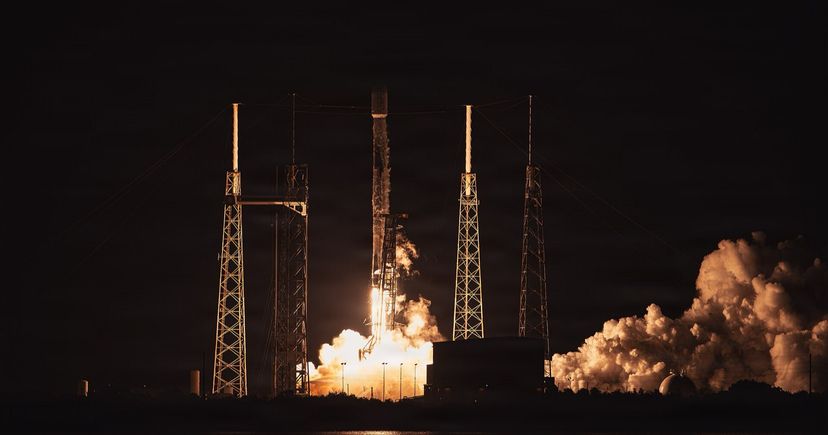 A SpaceX Falcon 9 rocket lifts off from Cape Canaveral carrying AST SpaceMobile's BlueBird 11-13 satellites