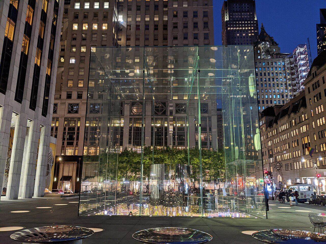 Apple Fifth Avenue glass entrance at night, photographed June 2, 2021