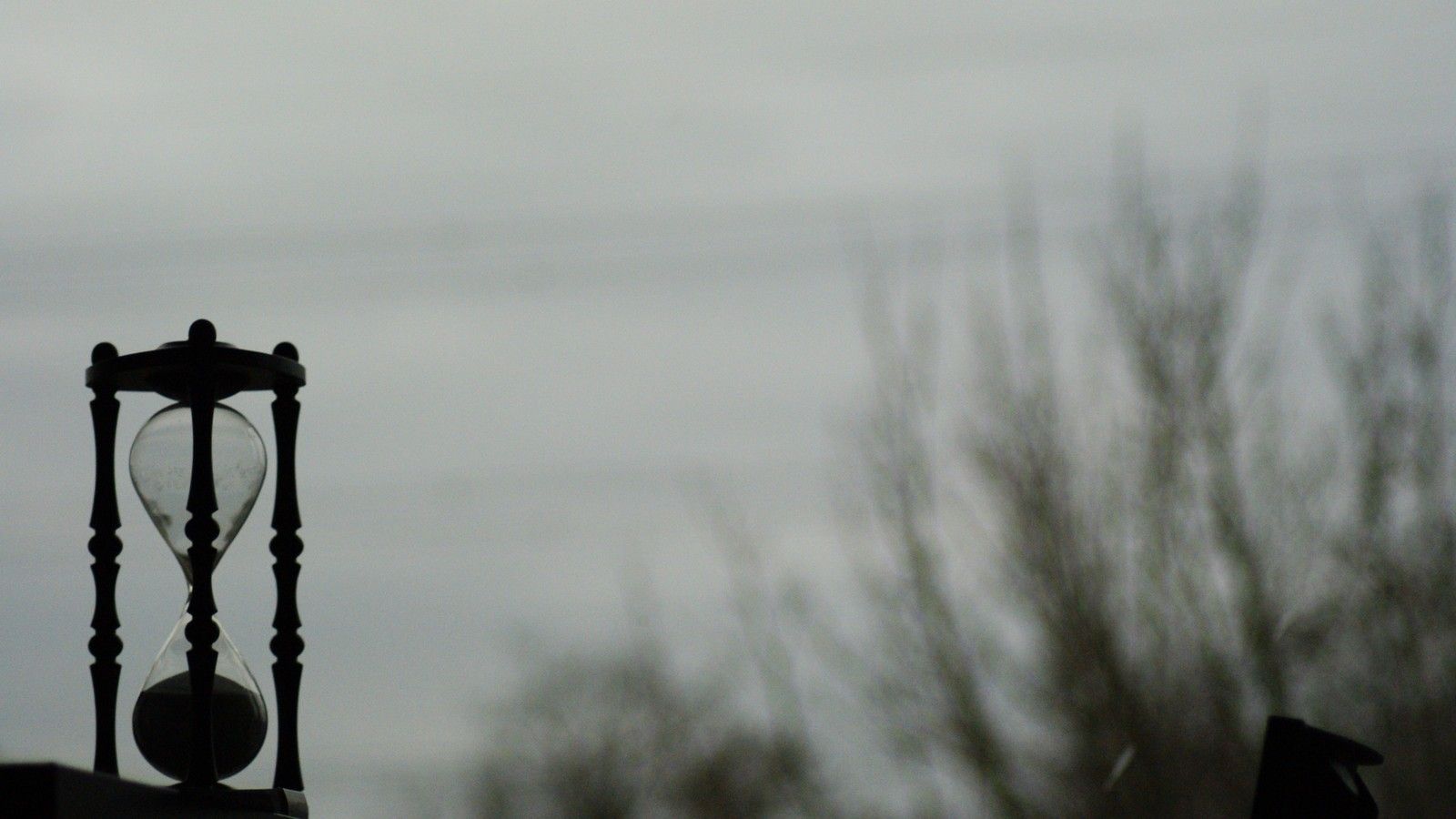 Sablier à monture sombre devant un ciel et des arbres dénudés flous